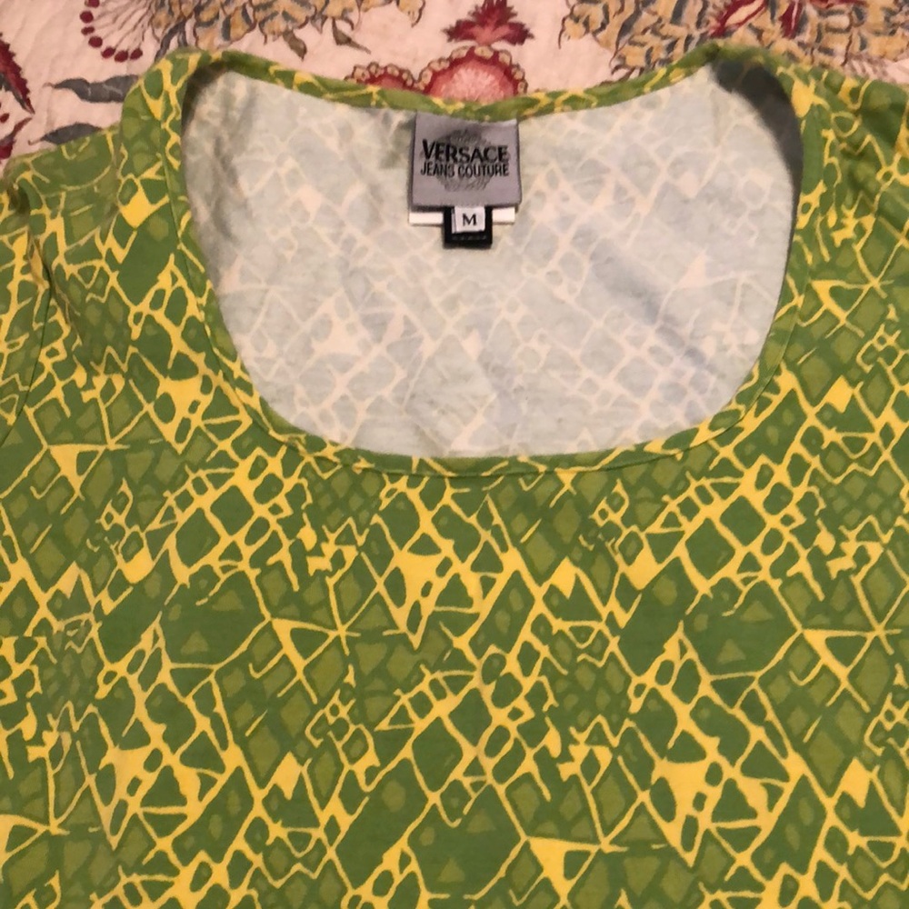 Authentic Versace jeans couture yellow and green scoop neck shirt. Vintage 2001